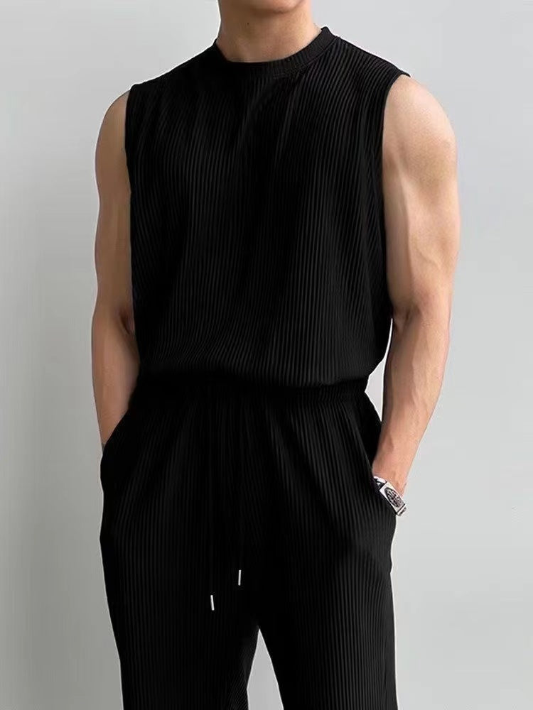 Fitness Set Men's Sleeveless Sports Hong Kong Wind Summer Vest Mature Men's High Elastic Quick Drying Loose Breathable Two Piece Set