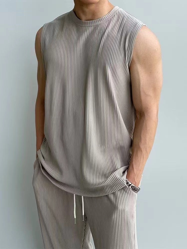 Fitness Set Men's Sleeveless Sports Hong Kong Wind Summer Vest Mature Men's High Elastic Quick Drying Loose Breathable Two Piece Set