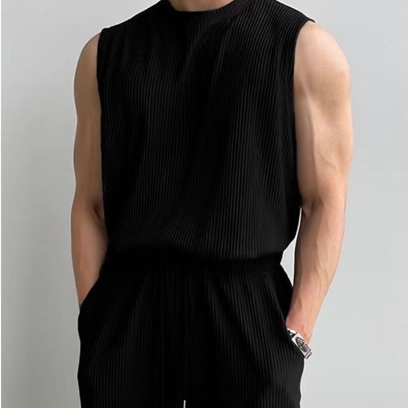 Fitness Set Men's Sleeveless Sports Hong Kong Wind Summer Vest Mature Men's High Elastic Quick Drying Loose Breathable Two Piece Set