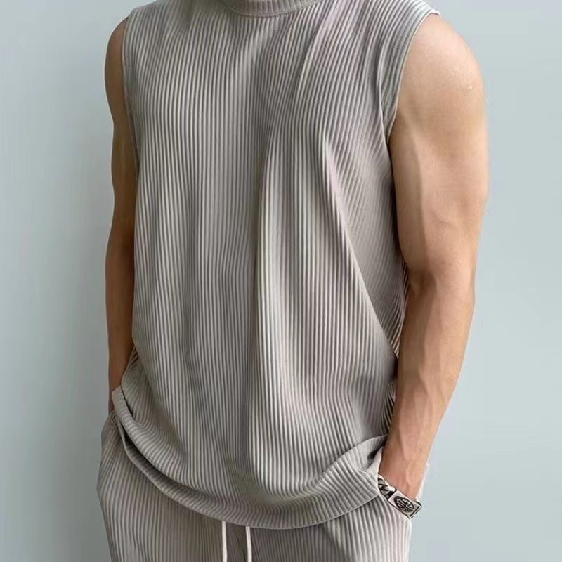 Fitness Set Men's Sleeveless Sports Hong Kong Wind Summer Vest Mature Men's High Elastic Quick Drying Loose Breathable Two Piece Set