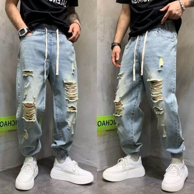 Summer hole patch jeans denim summer trousers men's beggar loose Harlan light blue leggings men's trousers