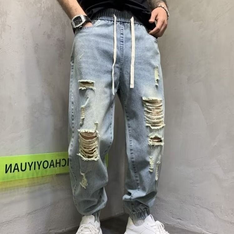 Summer hole patch jeans denim summer trousers men's beggar loose Harlan light blue leggings men's trousers